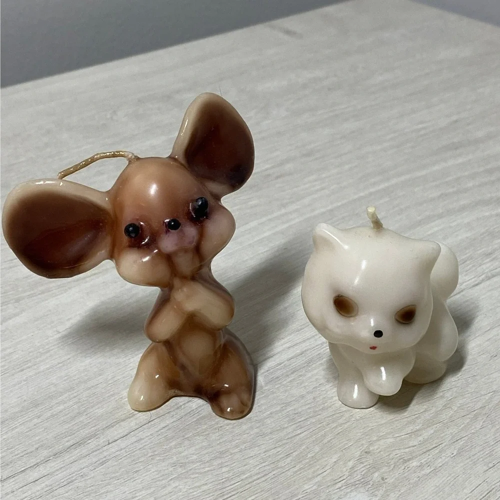 Vintage Animal Figurine Candles Set Brown Marbled Mouse and White Kitten Unused
